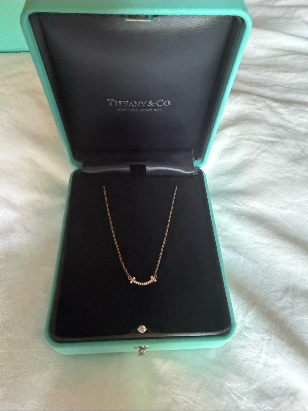 Tiffany & Co. Rose Gold Diamond T Bar Smile Necklace